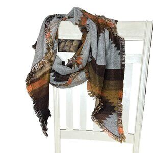 Aztec Western Print Woven Scarf Shawl Wrap Frayed Fringe Ends